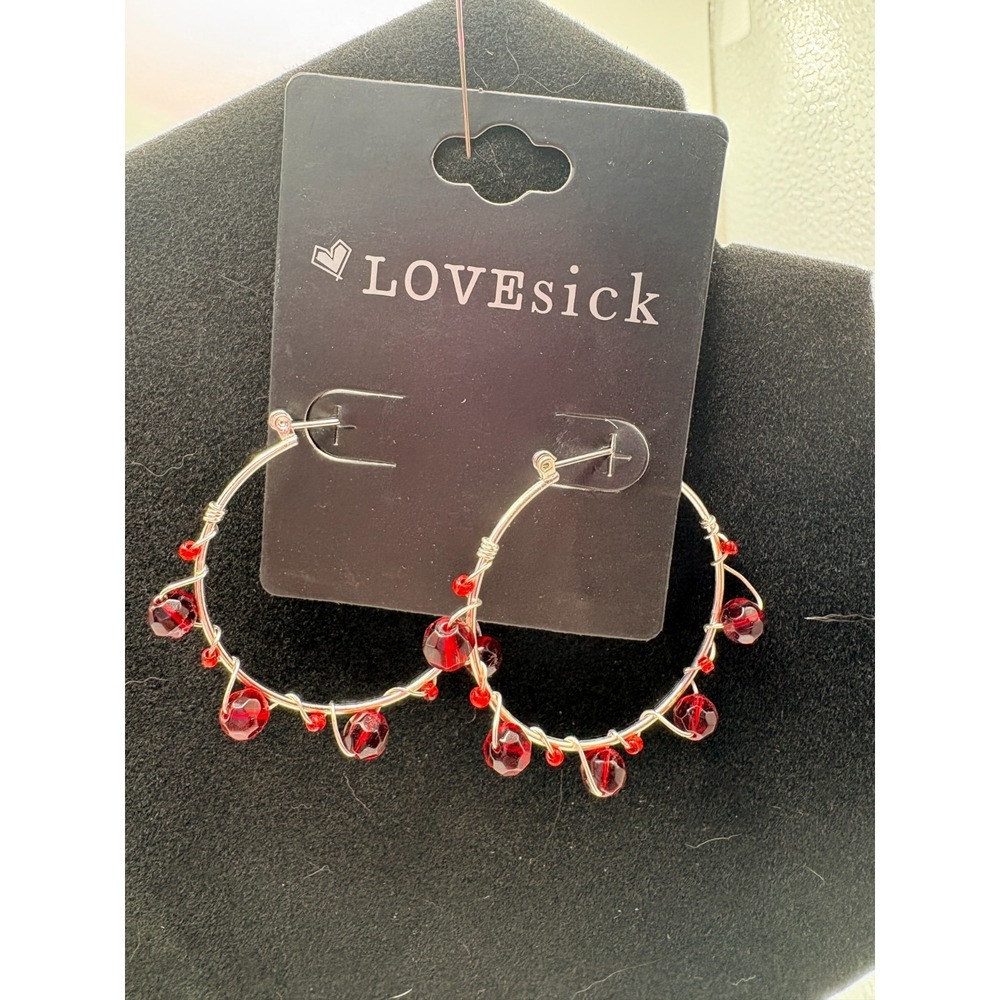 Lovesick Deep Red Beaded Hoop Earrings‎ Nickel Free Round Silver Tone